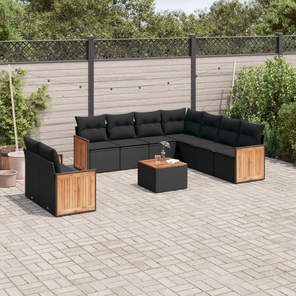 10-delige Loungeset met kussens poly rattan zwart