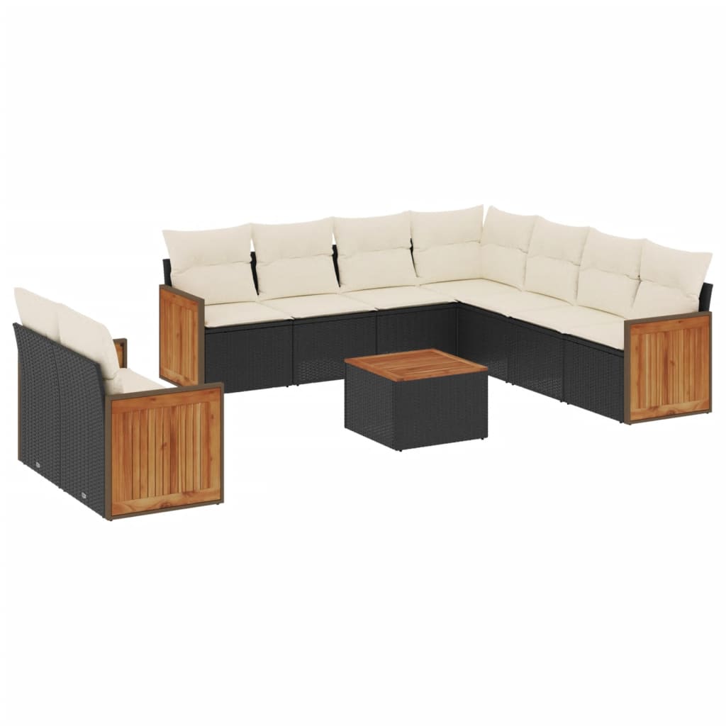 10-delige Loungeset met kussens poly rattan zwart