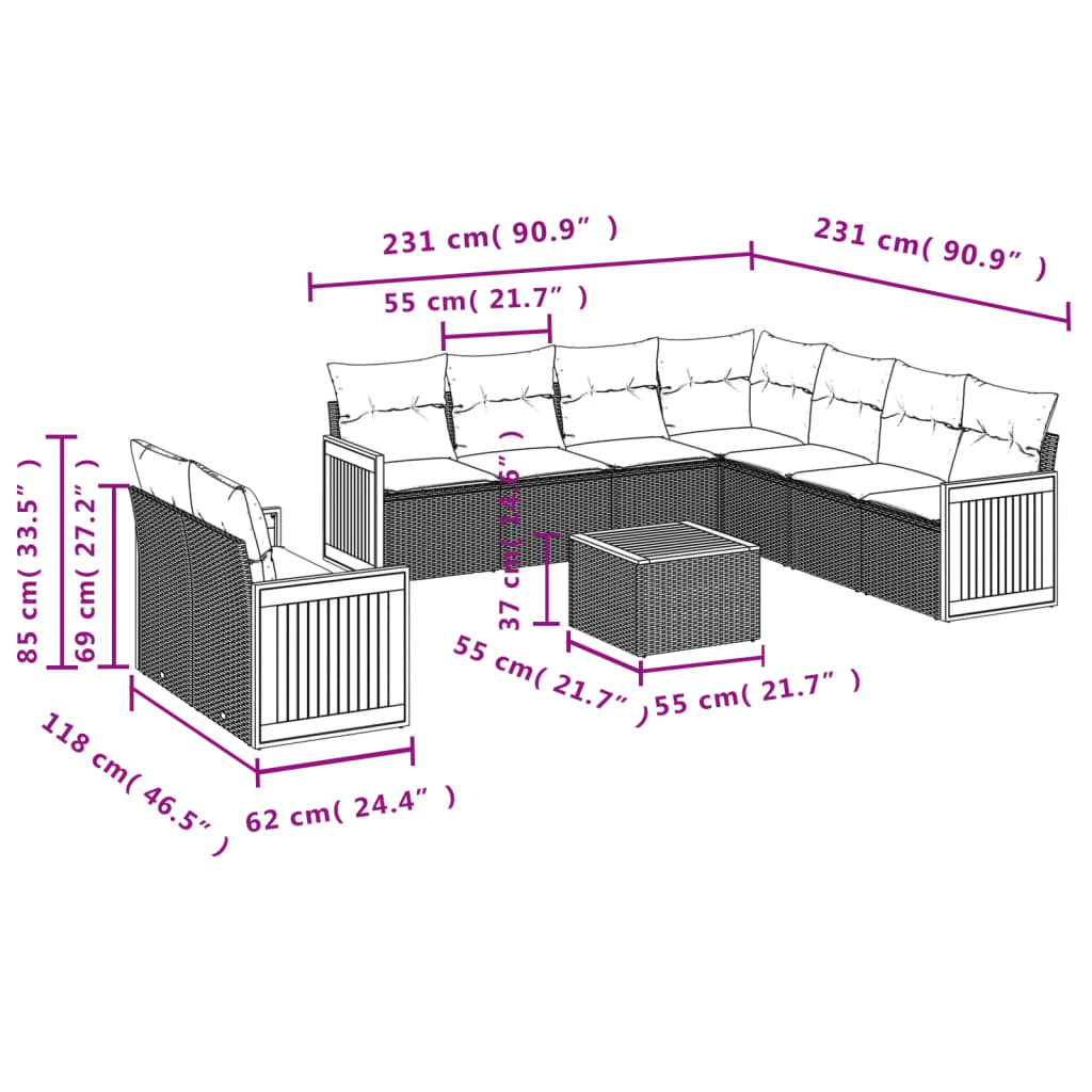 10-delige Loungeset met kussens poly rattan zwart