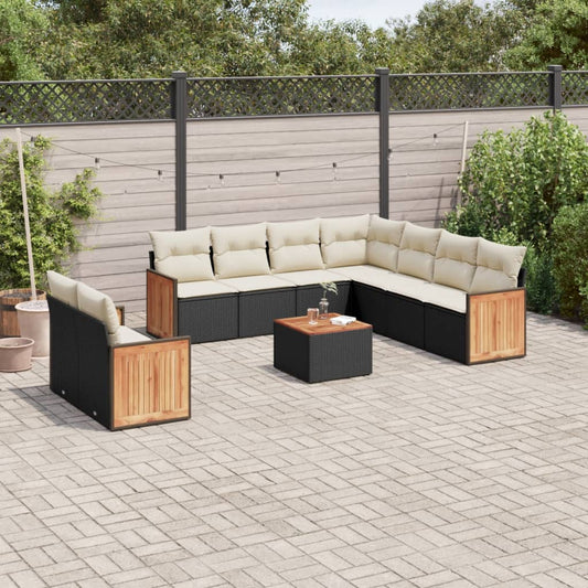 10-delige Loungeset met kussens poly rattan zwart