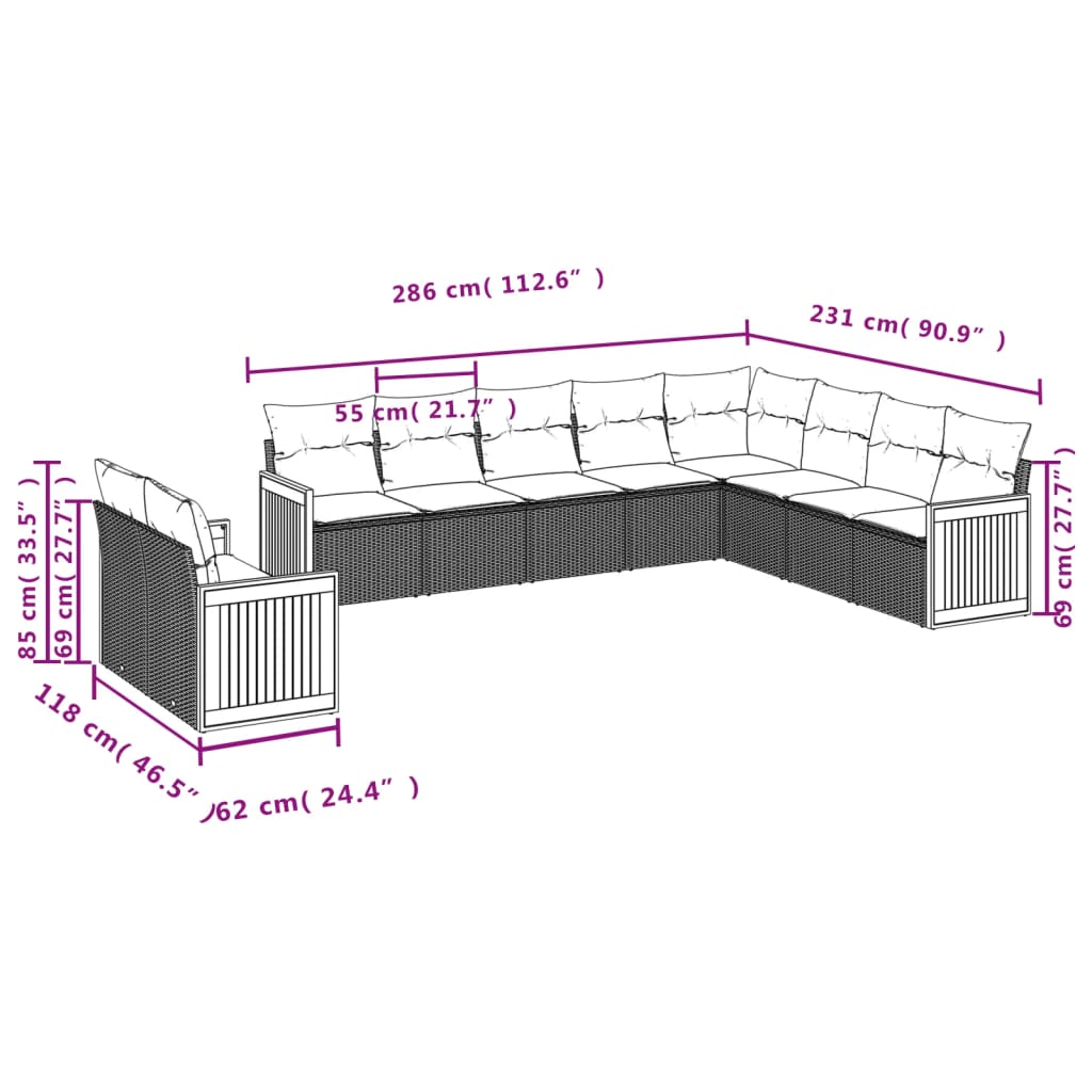 10-delige Loungeset met kussens poly rattan zwart