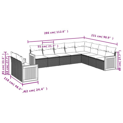 10-delige Loungeset met kussens poly rattan zwart