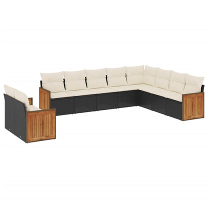 10-delige Loungeset met kussens poly rattan zwart