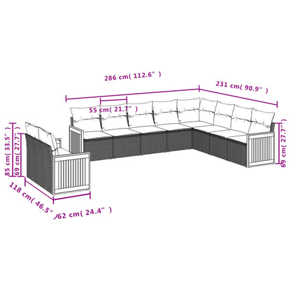 10-delige Loungeset met kussens poly rattan zwart