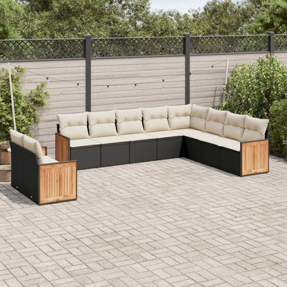 10-delige Loungeset met kussens poly rattan zwart