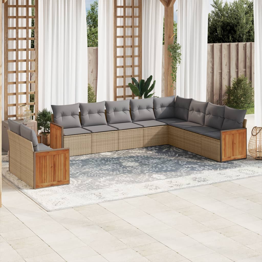 10-delige Loungeset met kussens poly rattan beige