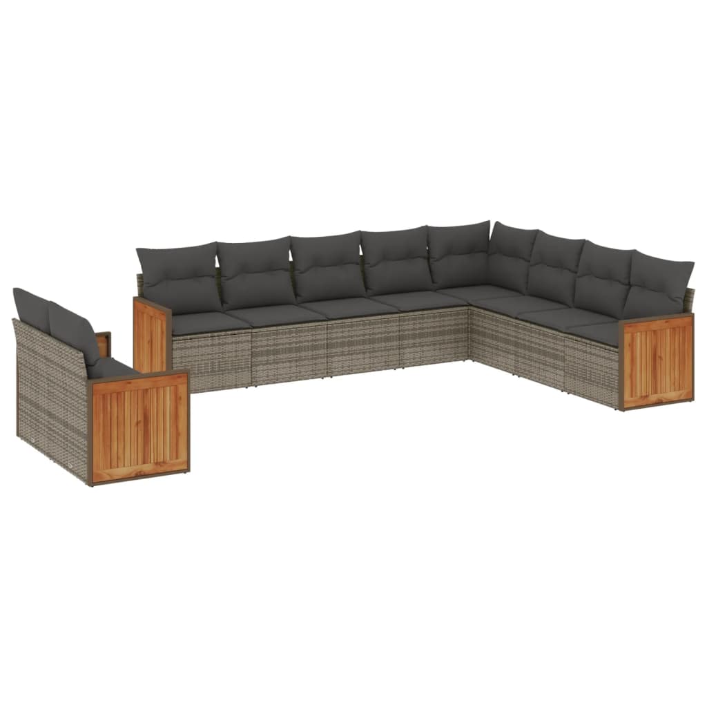 10-delige Loungeset met kussens poly rattan grijs