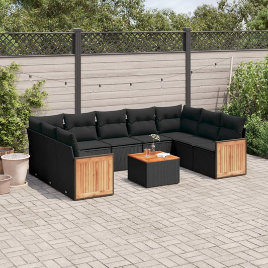 10-delige Loungeset met kussens poly rattan zwart