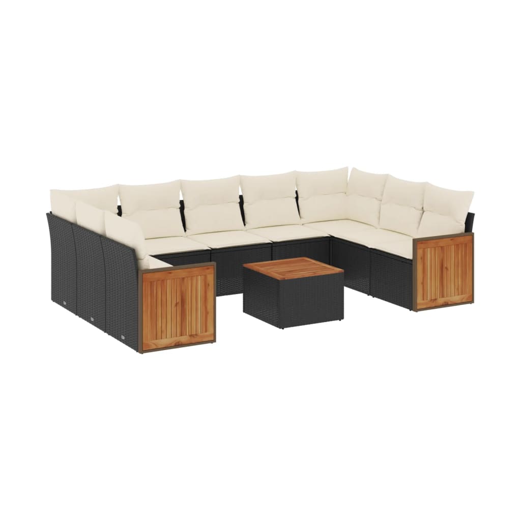 10-delige Loungeset met kussens poly rattan zwart