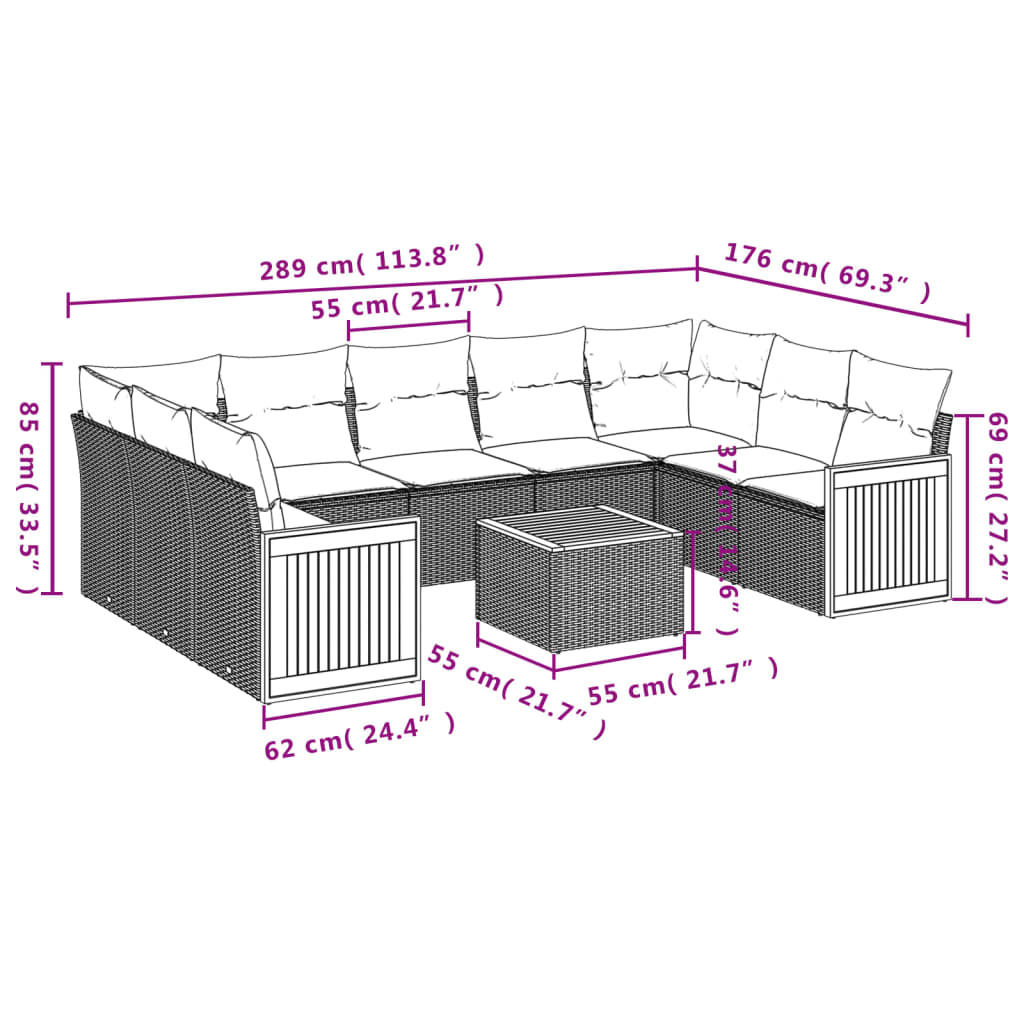 10-delige Loungeset met kussens poly rattan zwart