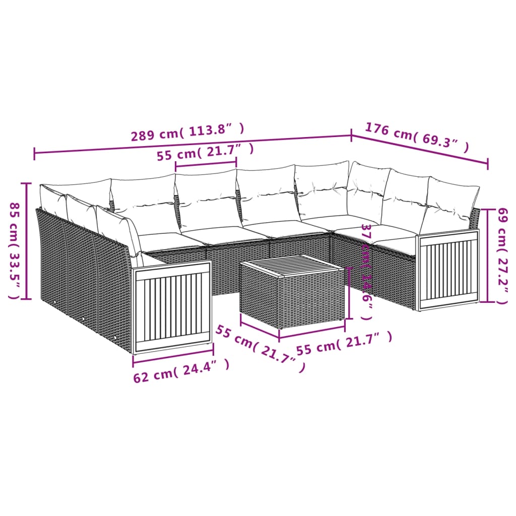 10-delige Loungeset met kussens poly rattan beige