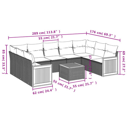 10-delige Loungeset met kussens poly rattan grijs