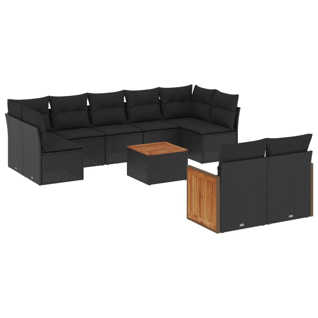 10-delige Loungeset met kussens poly rattan zwart