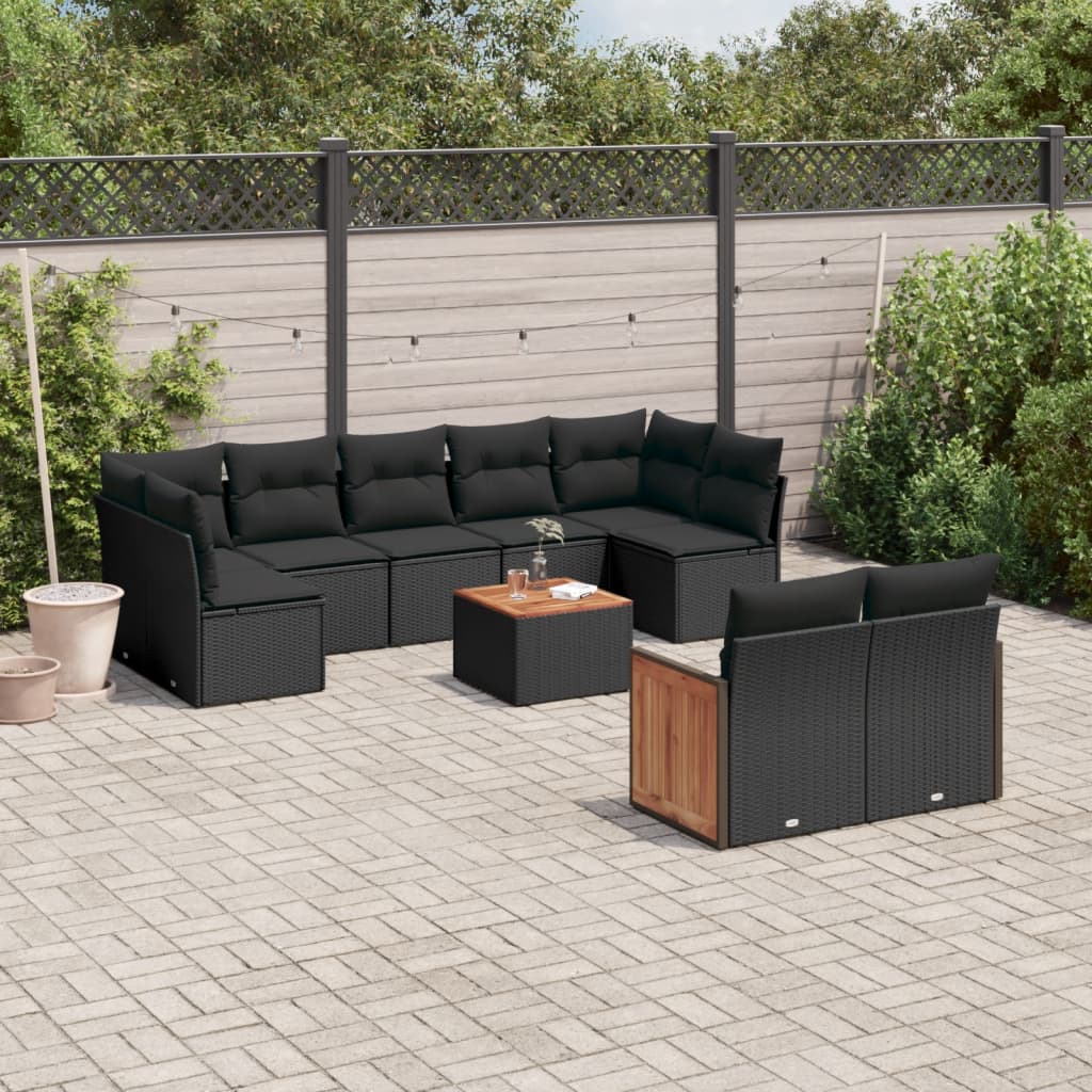 10-delige Loungeset met kussens poly rattan zwart