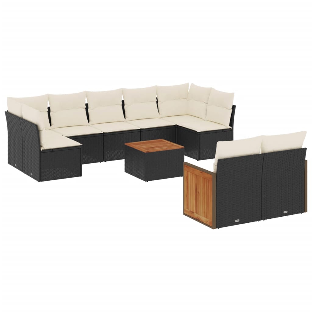 10-delige Loungeset met kussens poly rattan zwart