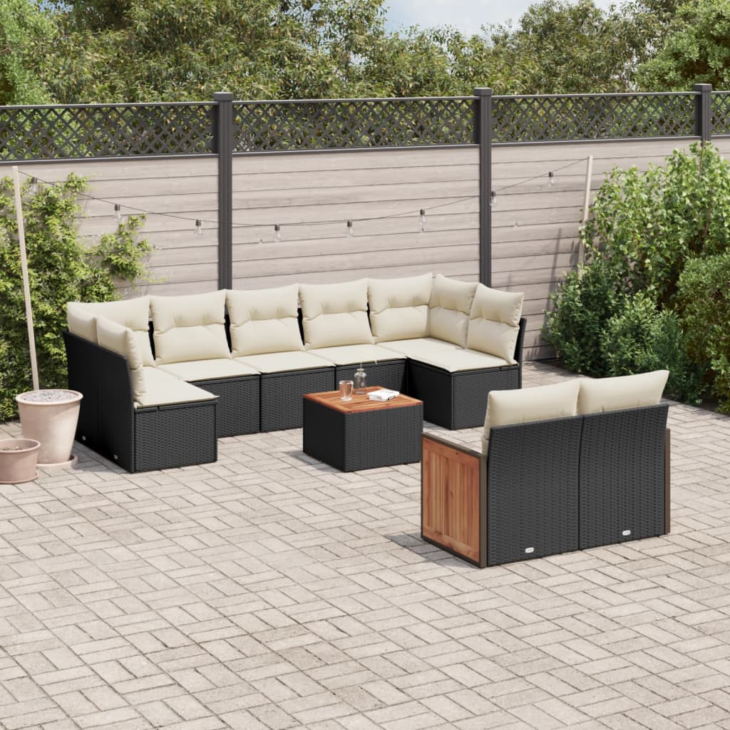 10-delige Loungeset met kussens poly rattan zwart