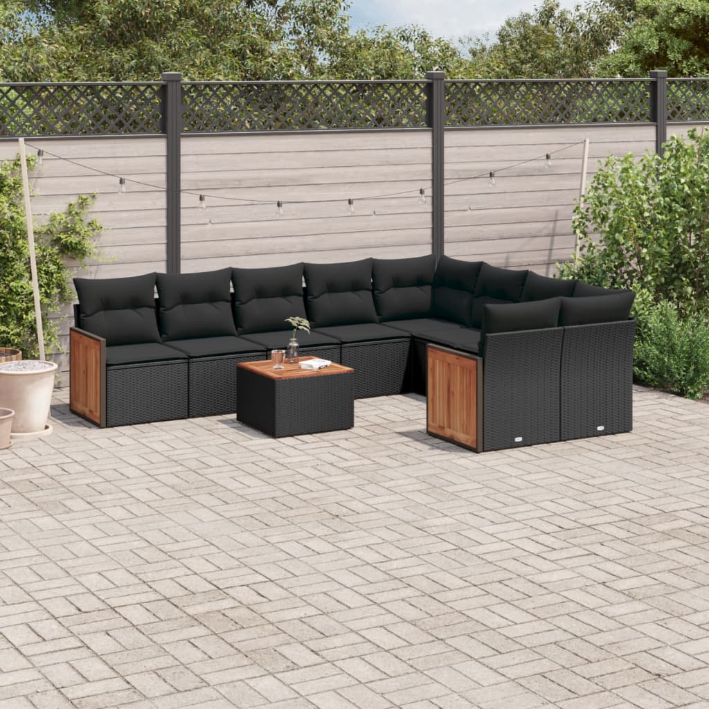 10-delige Loungeset met kussens poly rattan zwart