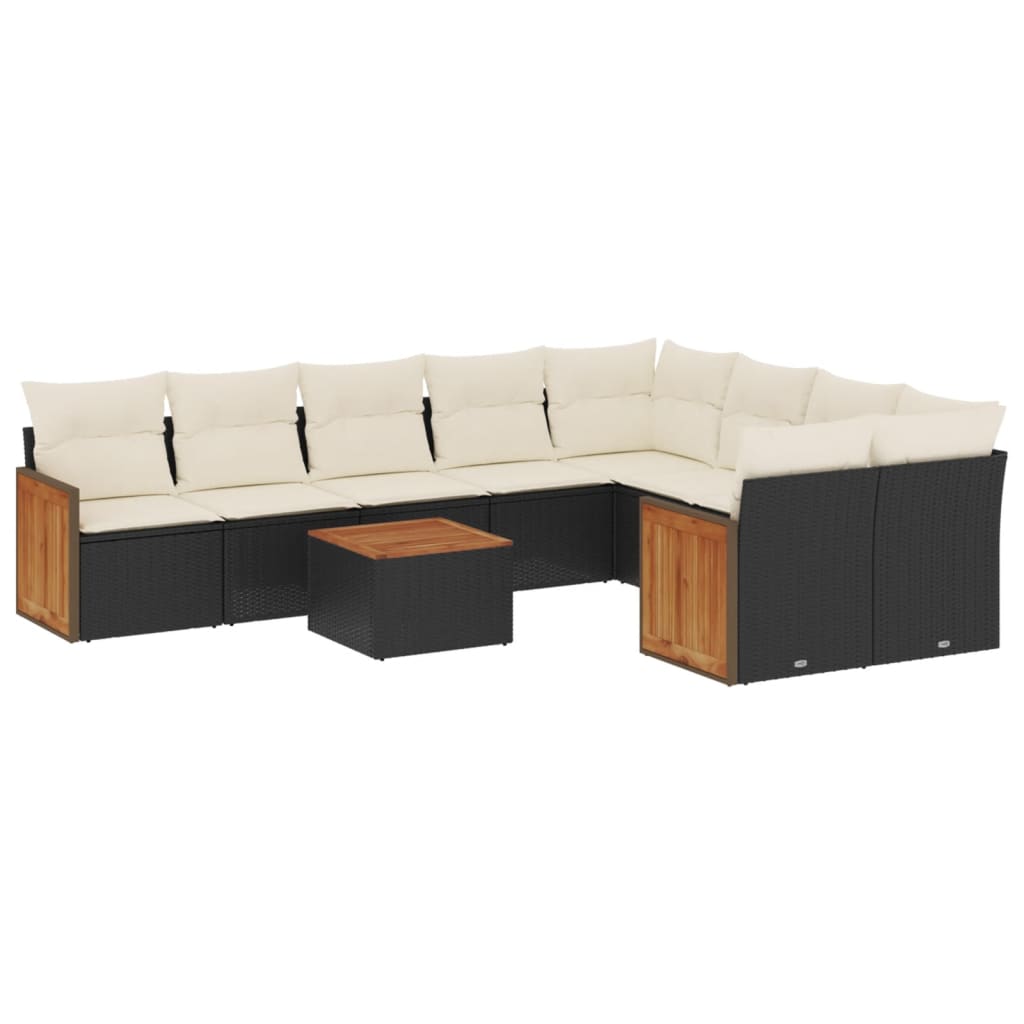 10-delige Loungeset met kussens poly rattan zwart