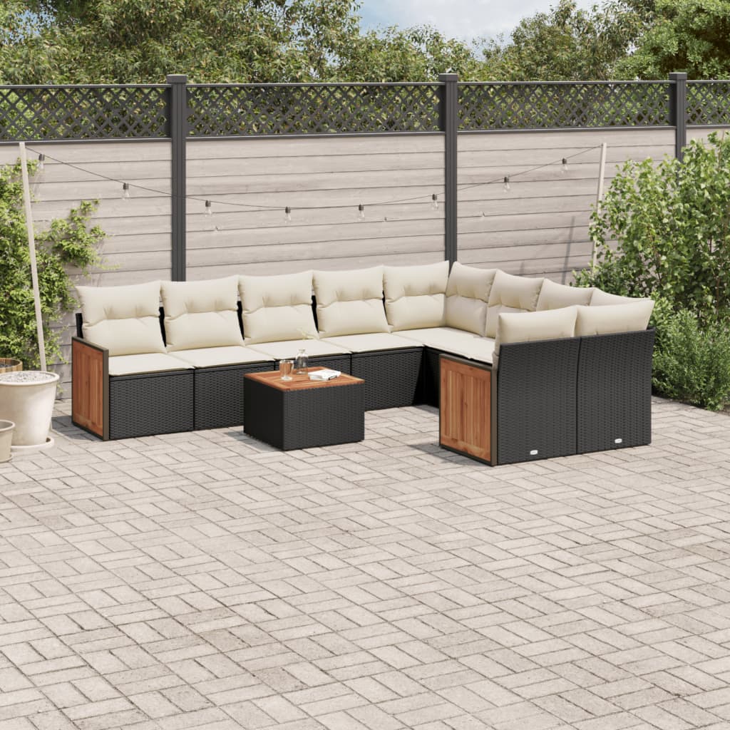 10-delige Loungeset met kussens poly rattan zwart