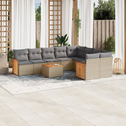 10-delige Loungeset met kussens poly rattan beige