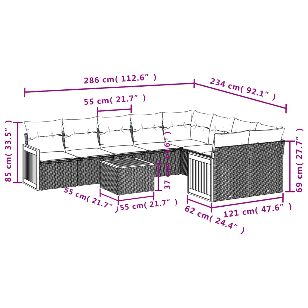 10-delige Loungeset met kussens poly rattan grijs