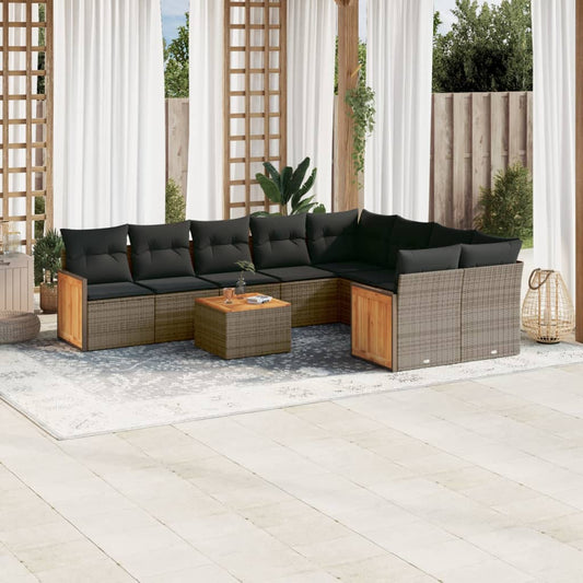 10-delige Loungeset met kussens poly rattan grijs