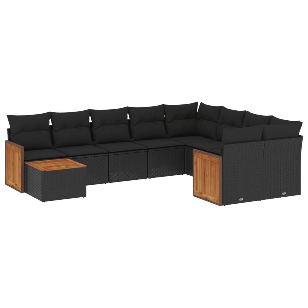 10-delige Loungeset met kussens poly rattan zwart