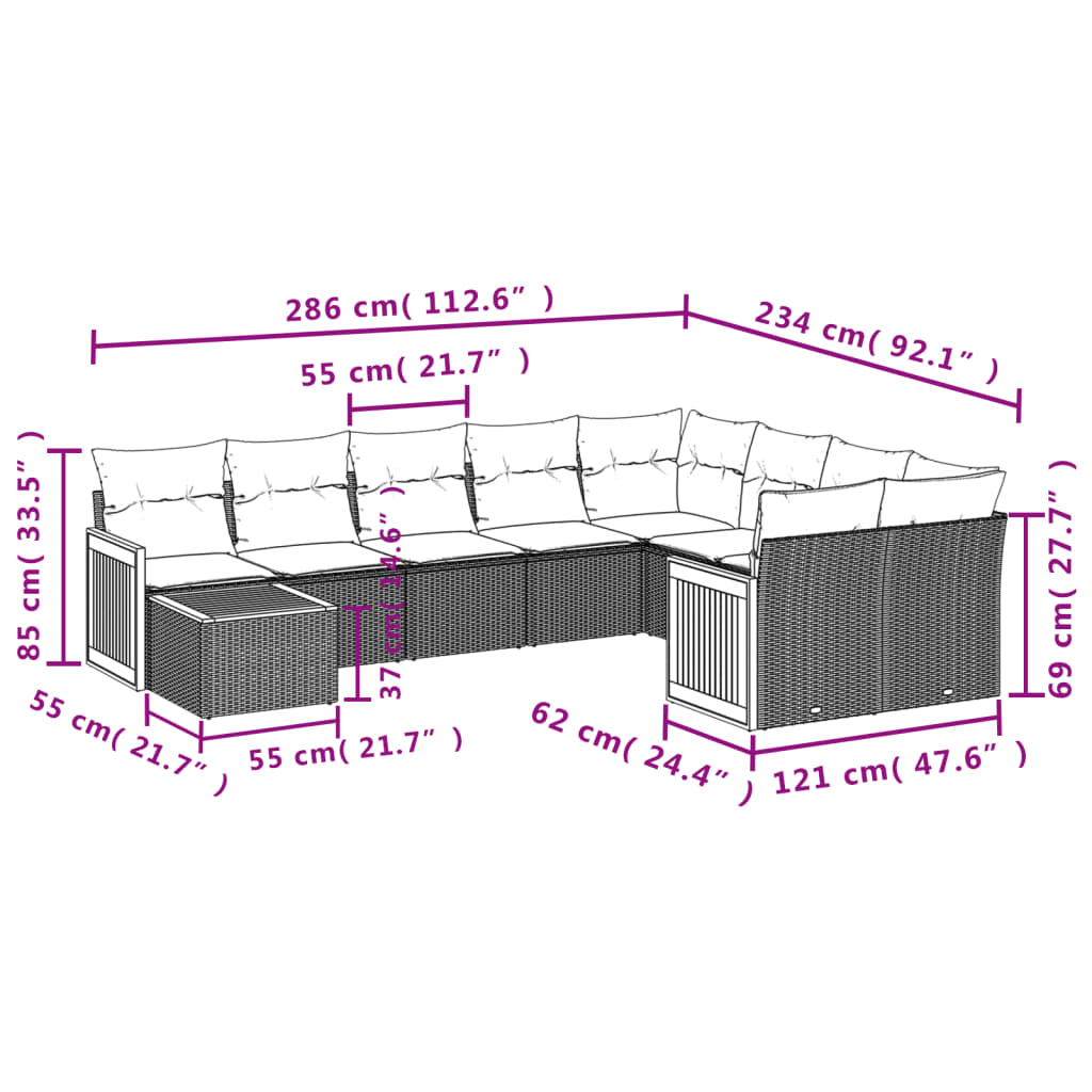 10-delige Loungeset met kussens poly rattan zwart