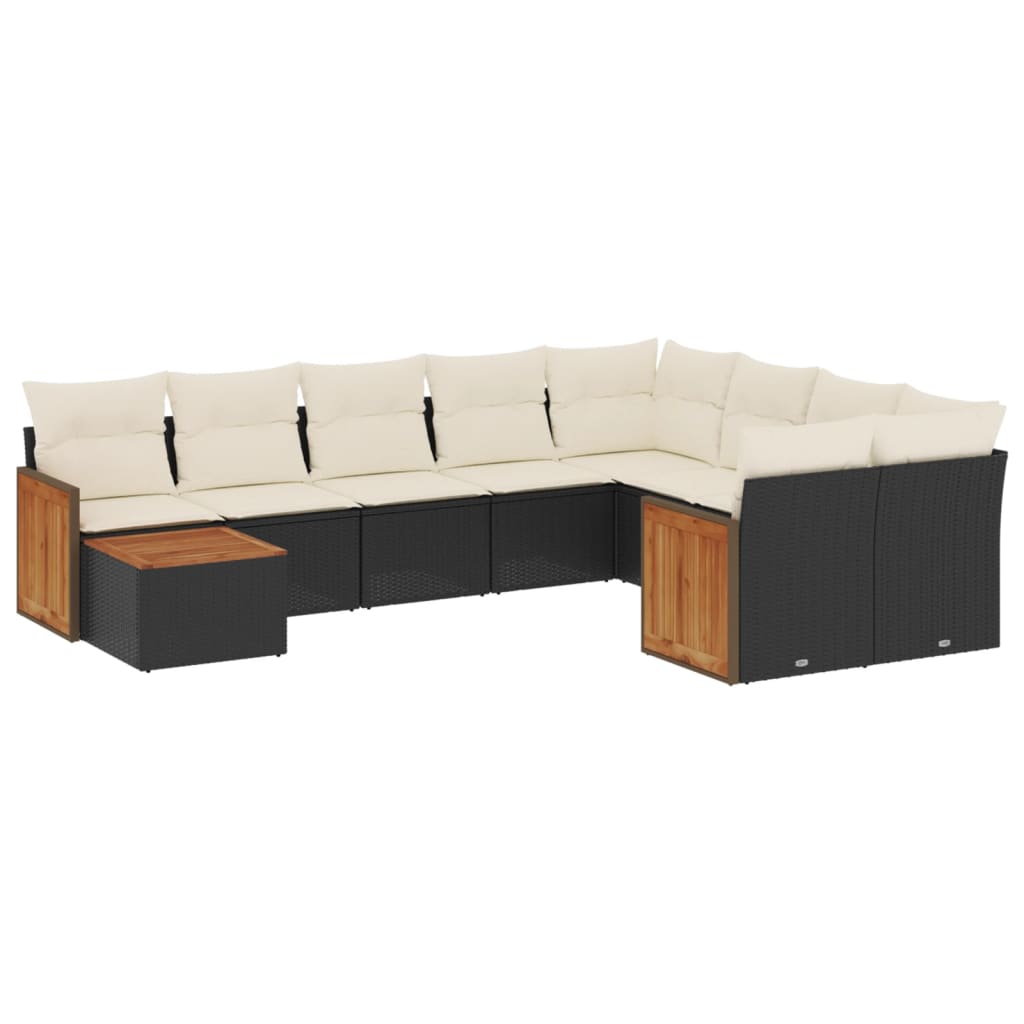 10-delige Loungeset met kussens poly rattan zwart