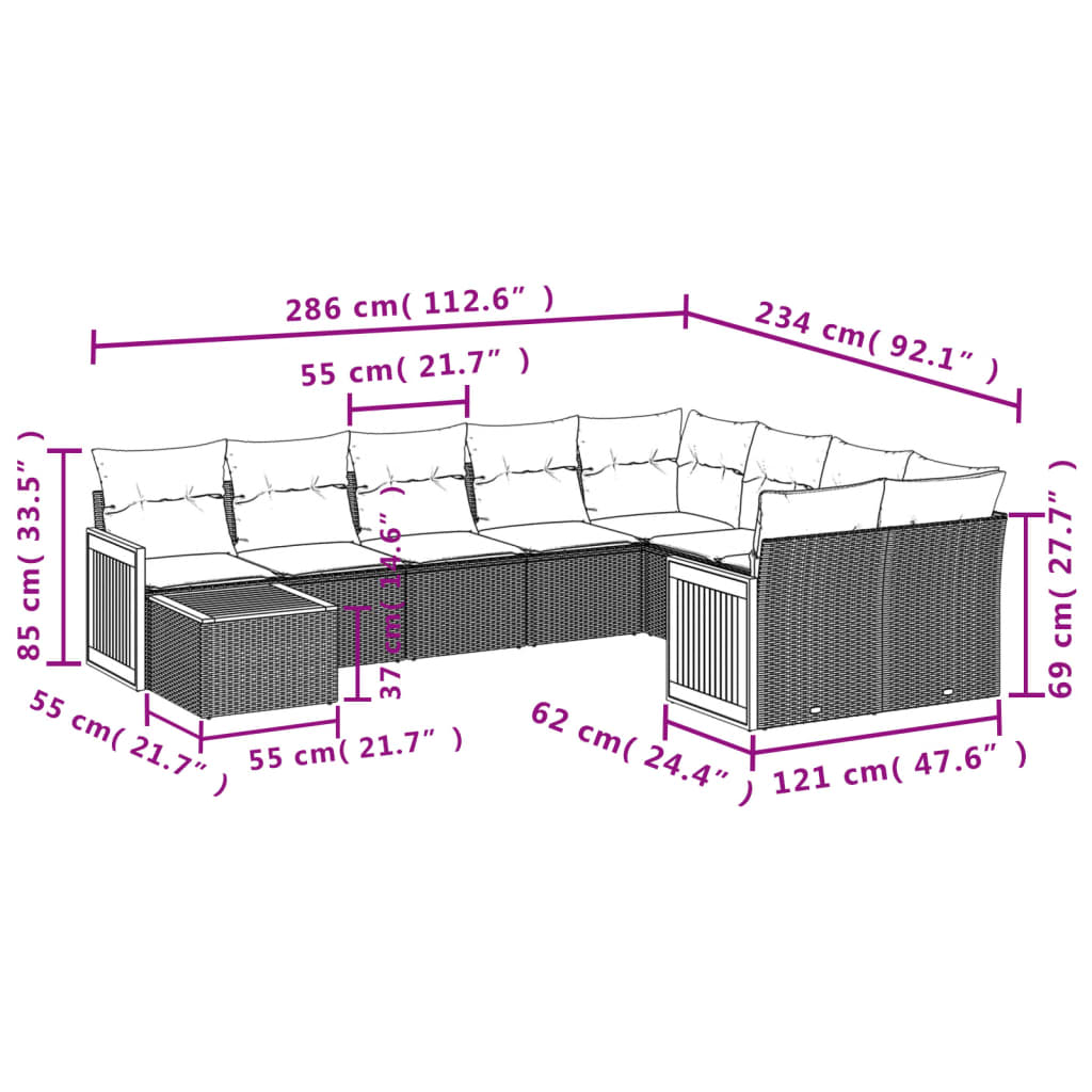 10-delige Loungeset met kussens poly rattan zwart