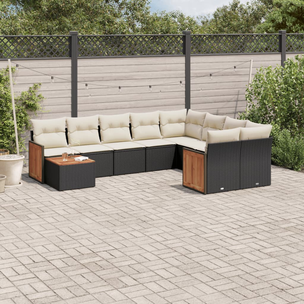 10-delige Loungeset met kussens poly rattan zwart