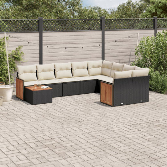 10-delige Loungeset met kussens poly rattan zwart