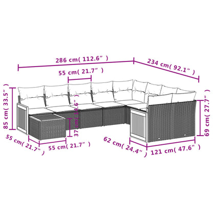 10-delige Loungeset met kussens poly rattan grijs