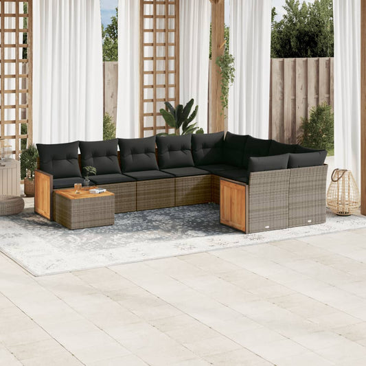 10-delige Loungeset met kussens poly rattan grijs