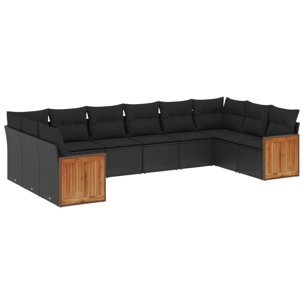 10-delige Loungeset met kussens poly rattan zwart