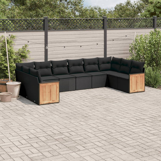 10-delige Loungeset met kussens poly rattan zwart