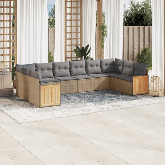 10-delige Loungeset met kussens poly rattan beige