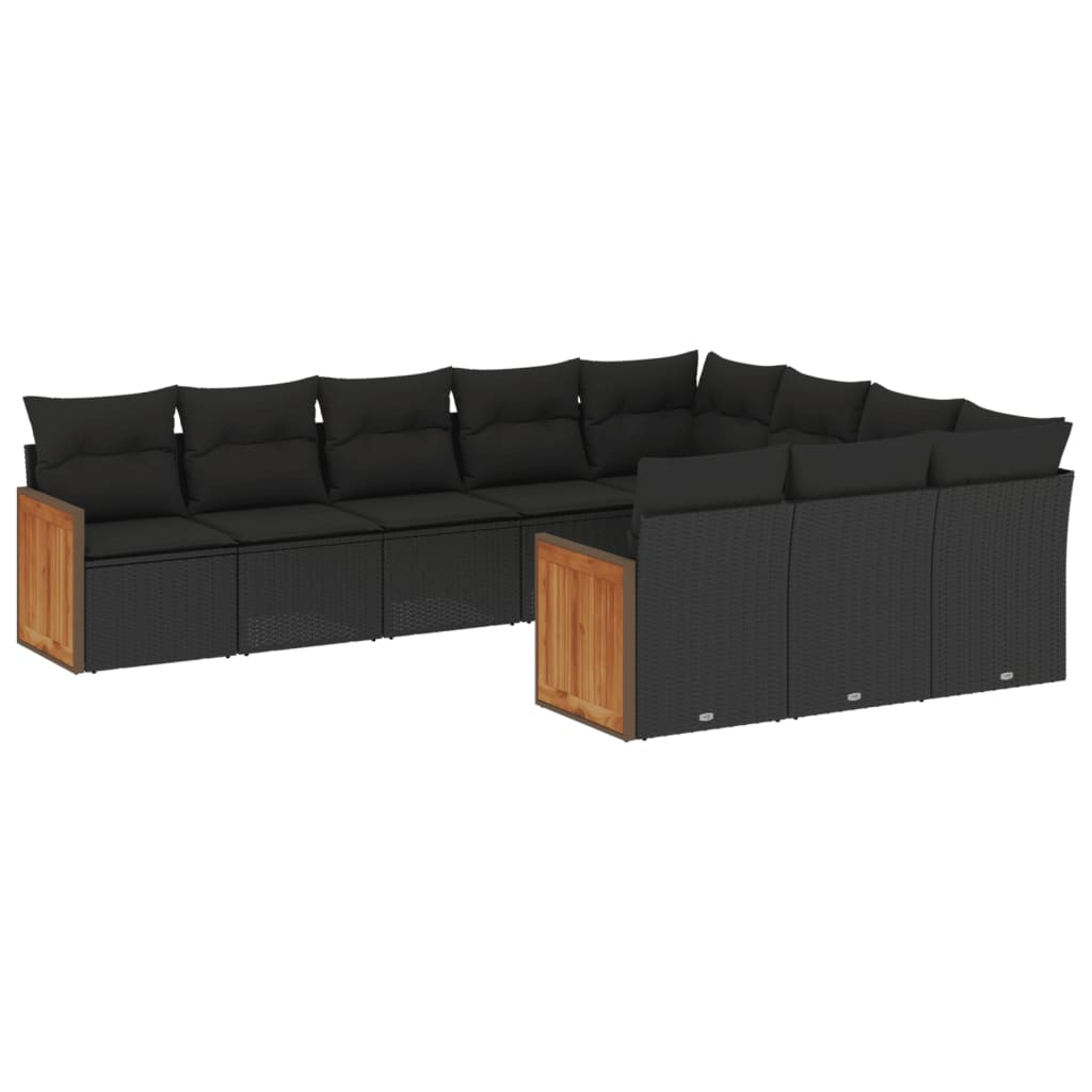 10-delige Loungeset met kussens poly rattan zwart