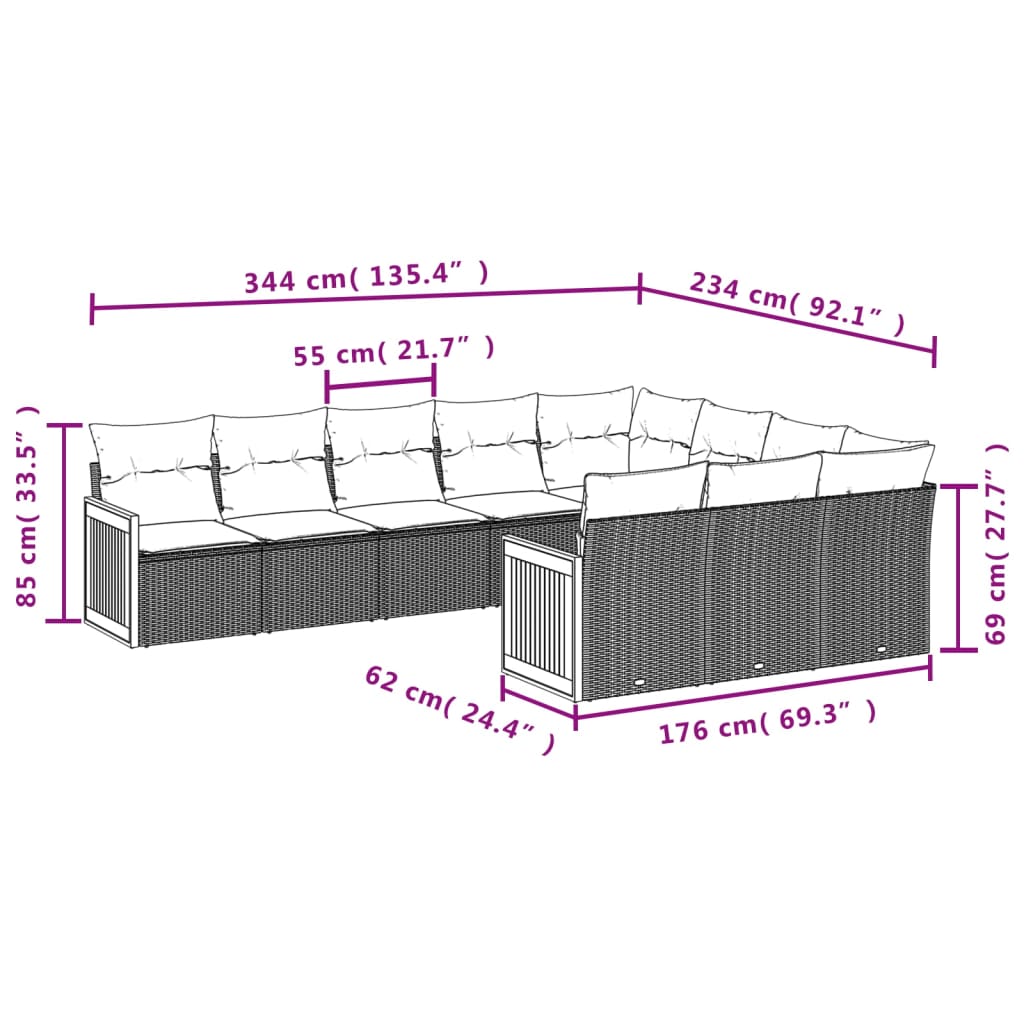 10-delige Loungeset met kussens poly rattan zwart