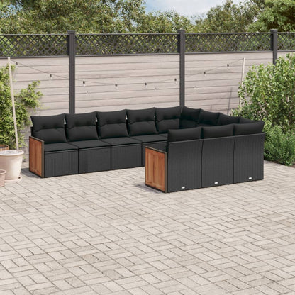 10-delige Loungeset met kussens poly rattan zwart