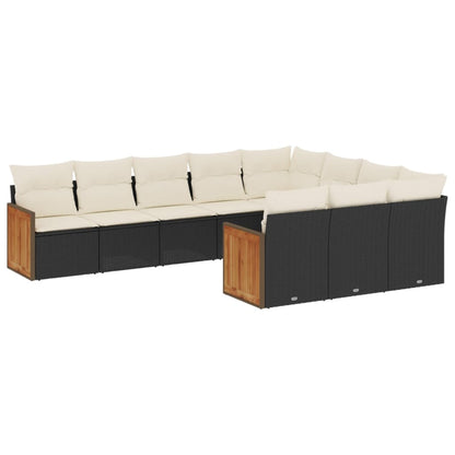 10-delige Loungeset met kussens poly rattan zwart