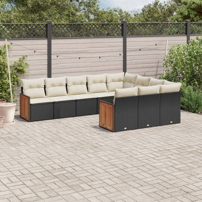 10-delige Loungeset met kussens poly rattan zwart