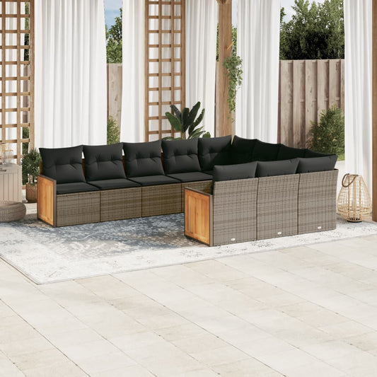 10-delige Loungeset met kussens poly rattan grijs