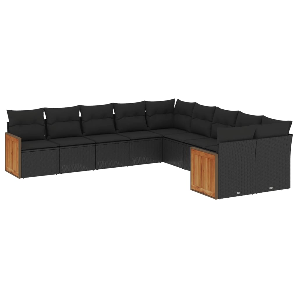 10-delige Loungeset met kussens poly rattan zwart