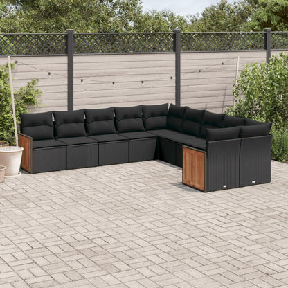 10-delige Loungeset met kussens poly rattan zwart