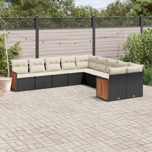 10-delige Loungeset met kussens poly rattan zwart