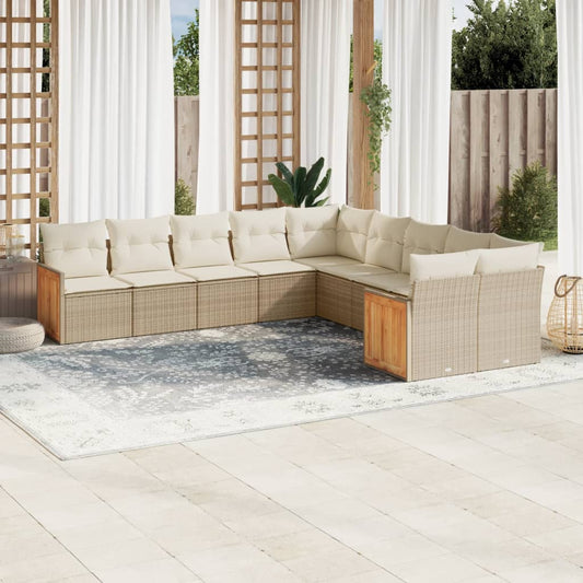 10-delige Loungeset met kussens poly rattan beige