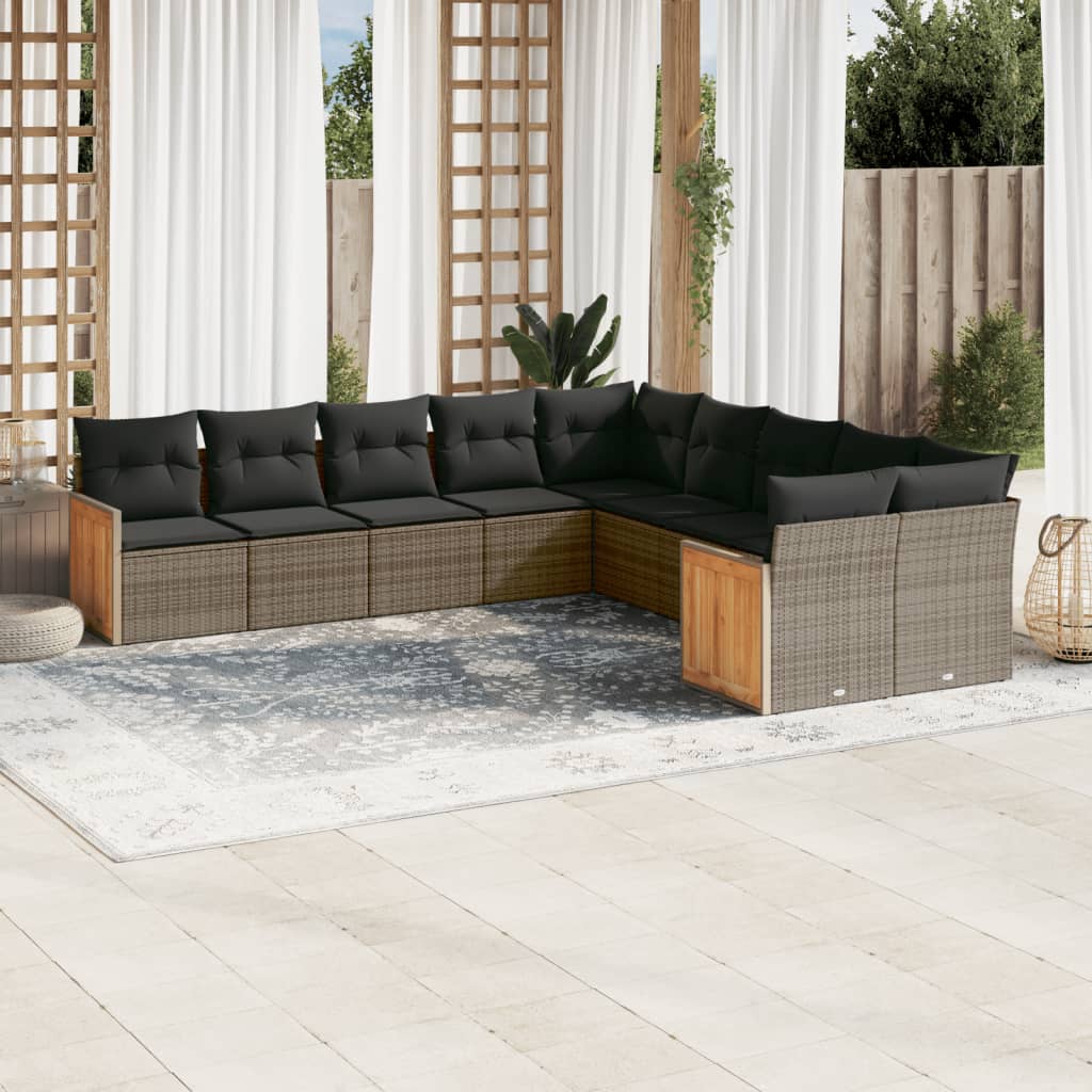 10-delige Loungeset met kussens poly rattan grijs