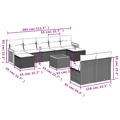 10-delige Loungeset met kussens poly rattan zwart