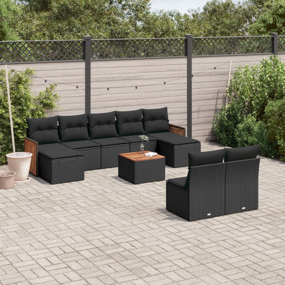 10-delige Loungeset met kussens poly rattan zwart